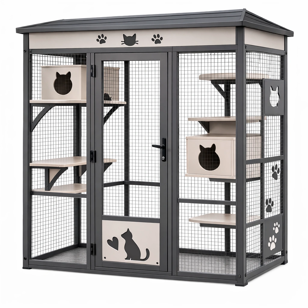 Katzengehege Metall mit Sperrholzregalen Beige Grau-DECORAMBIENCE