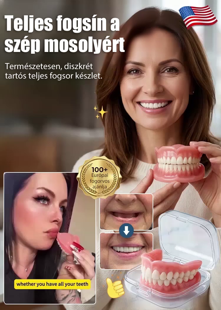 ✨ Tökéletes Mosoly 1 Másodperc Alatt – Fájdalom, Fúrás és Milliós Számlák Nélkül! ✨【Hordozható tárolódoboz ajándékba】Teljes fogvédő műfogsor