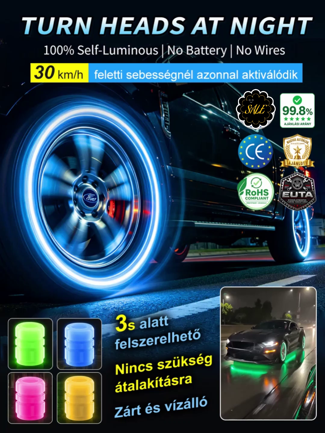 🏎️【Az autód azonnali szintlépése】Menő, világító szelepsapka| Elemmel Együtt, Egyszerű Telepítés| Automatikus Bekapcsolás, Biztonságos Éjszakai Vezetés(Vízálló)⚡