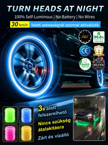🏎️【Az autód azonnali szintlépése】Menő, világító szelepsapka| Elemmel Együtt, Egyszerű Telepítés| Automatikus Bekapcsolás, Biztonságos Éjszakai Vezetés(Vízálló)⚡