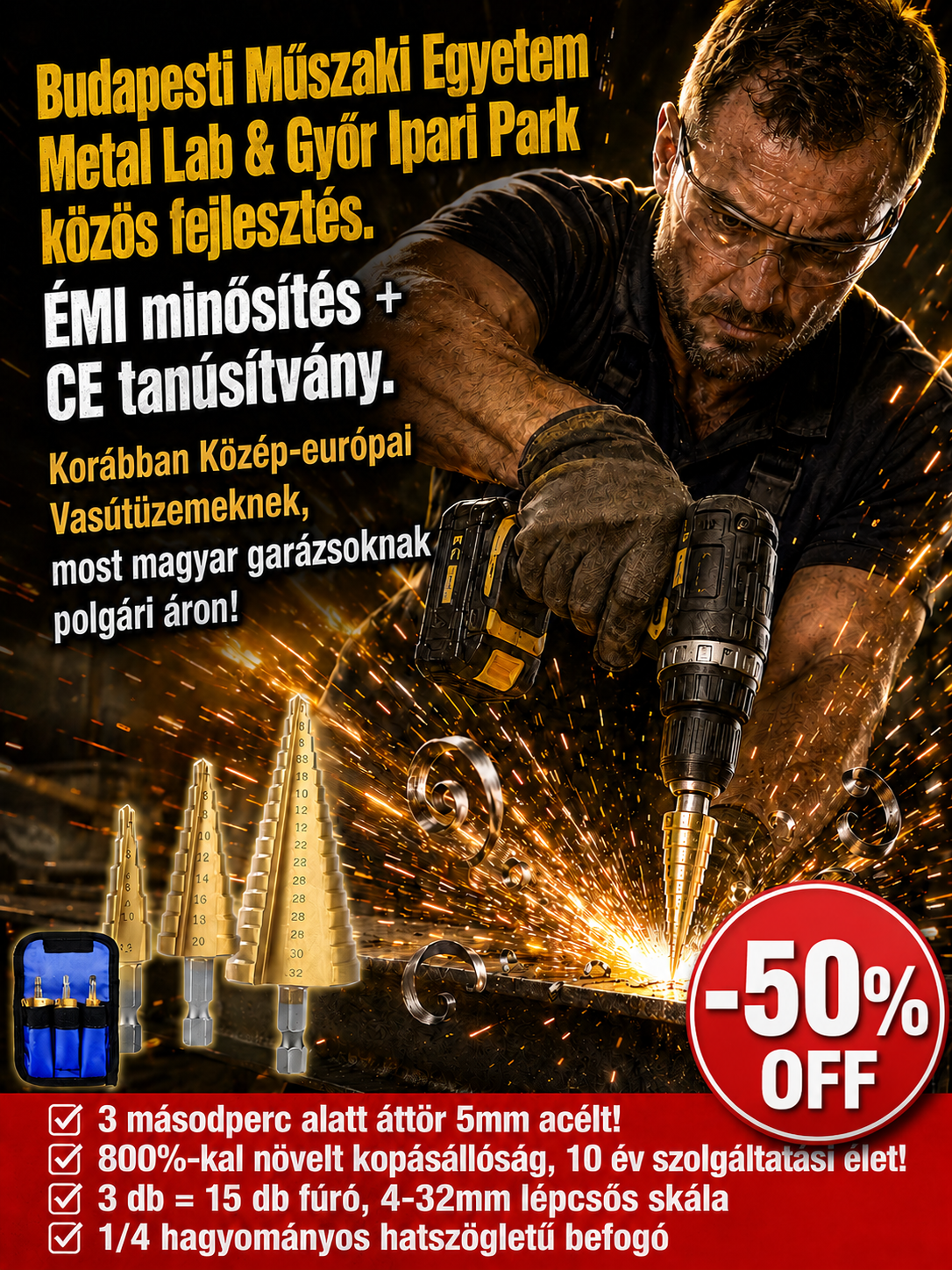 💎【Lyukasztó csodaszer】Többfunkciós toronyfúrófej| 1 db = 15 db hagyományos fúró| Nincs Előfúrás, Nincs Kicsúszás| 3mp Alatt Áttör Acélt⚡