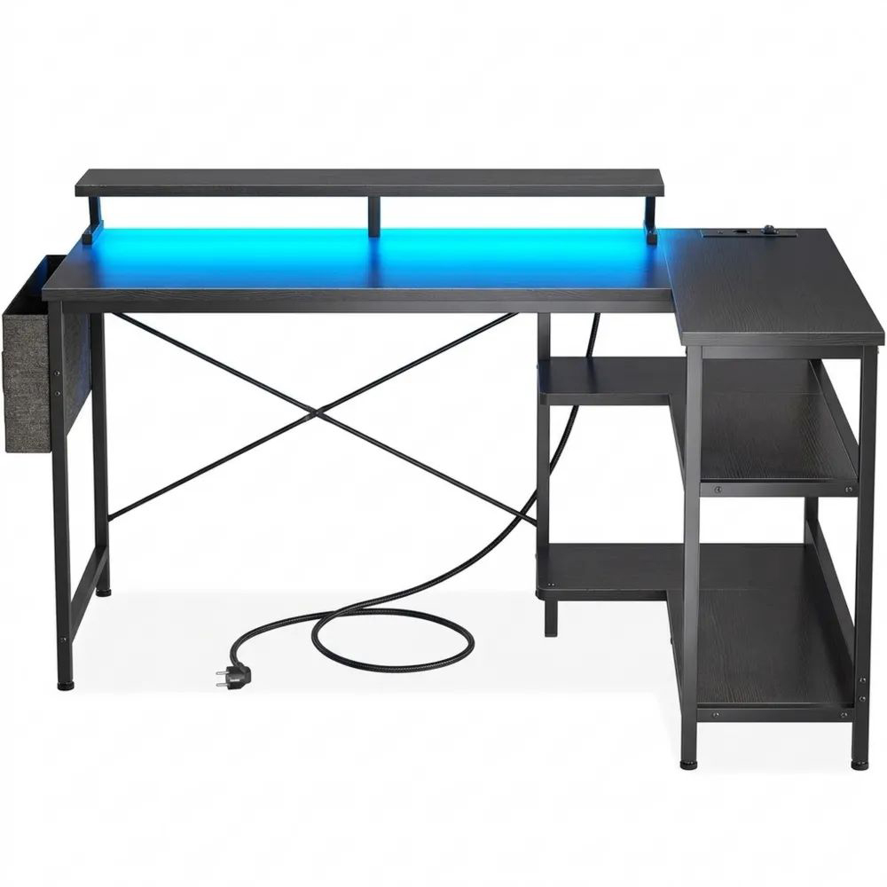 Eckschreibtisch L-Form mit LED-Beleuchtung und Steckdosen, 120x80cm, mit Regal und Monitorständer, schwarz