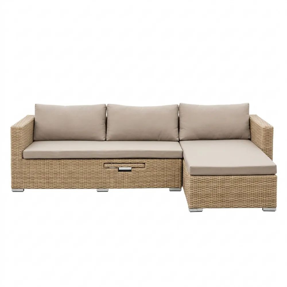 Gemütliches Loungesofa aus Stahl und Polyrattan mit Aufbewahrungsbox