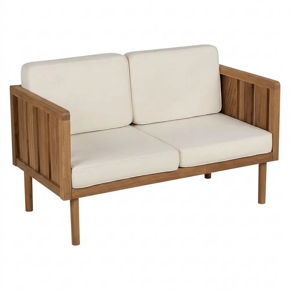 Zweisitziges Loungesofa aus Akazienholz mit beigen Kissen