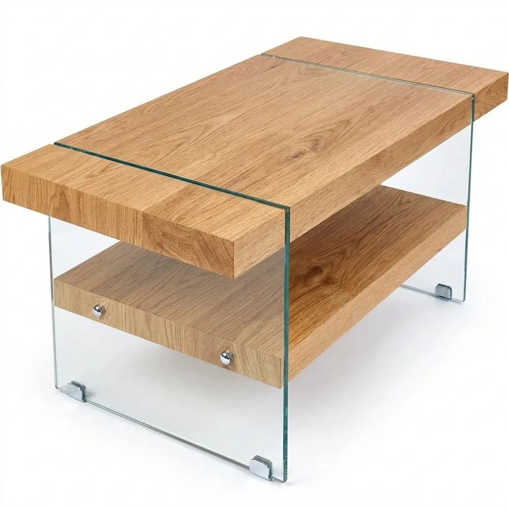 Moderner Couchtisch aus Wildeiche und Glas, 110 x 60 x 45,5 cm
