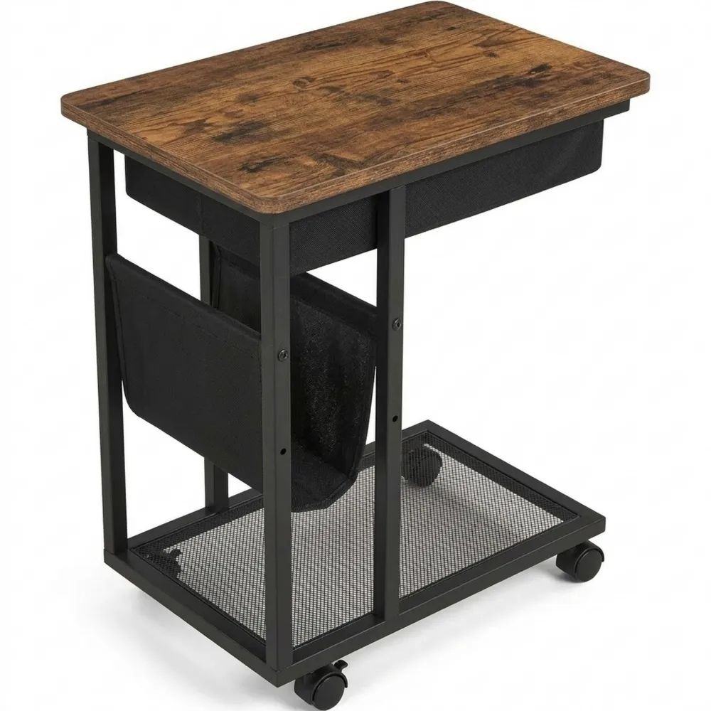 Multifunktionaler Beistelltisch mit Stauraum und Schublade, C-Form, Mobil