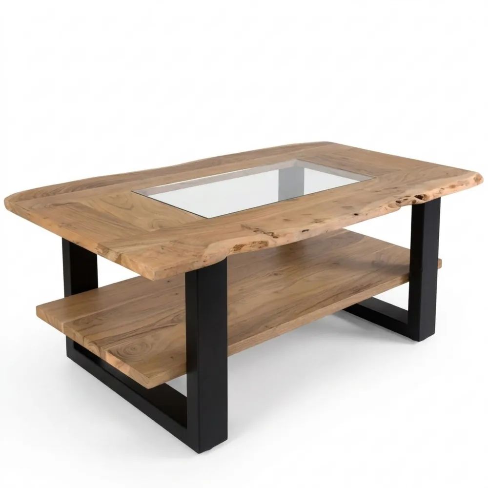 Moderner Couchtisch aus Akazienholz mit Glasplatte und Metallgestell