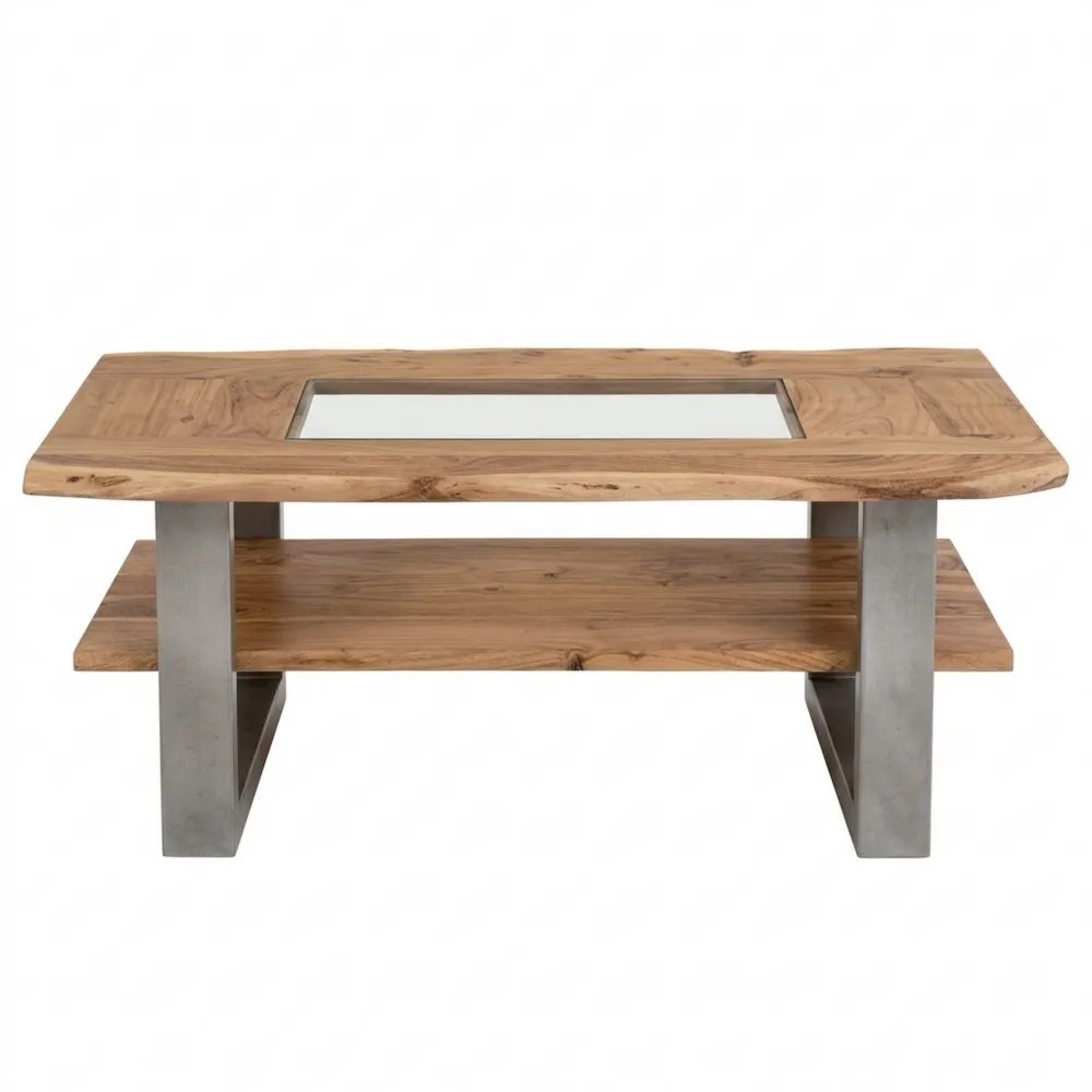 Moderner Couchtisch mit Glasplatte und Ablagefläche, Akazienholz