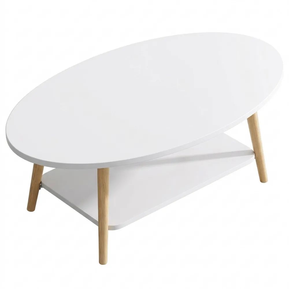 Ovaler Wohnzimmertisch mit Kiefernholzbeinen, weiß