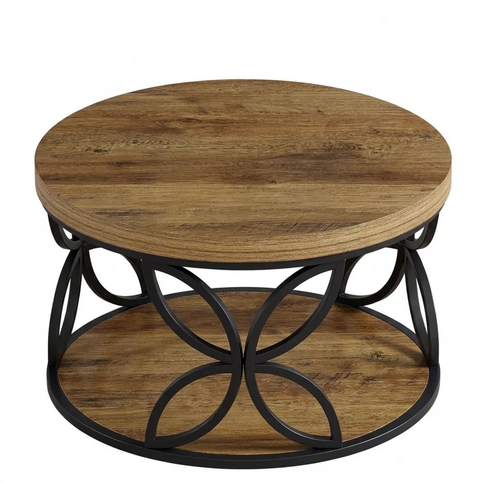 Runder Couchtisch 80 cm mit Stauraum, zweistufig, rustikale Holzoptik