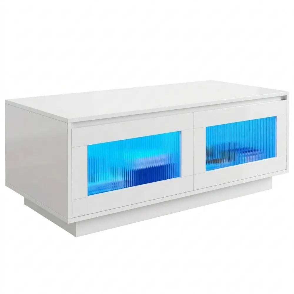 Moderner Wohnzimmertisch mit LED-Licht und Ablagefächern, 108x50x40cm, Weiß