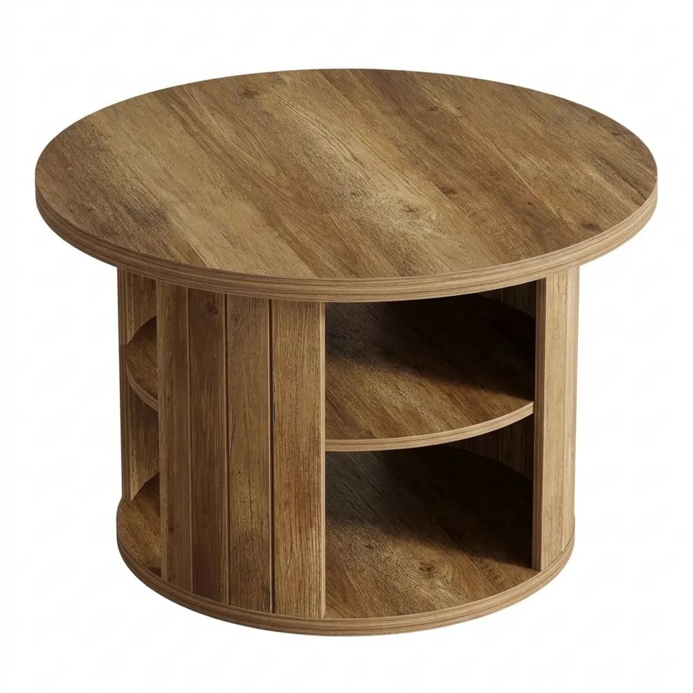 Runder Wohnzimmertisch mit Stauraum, Industrie-Design, Holzbeistelltisch