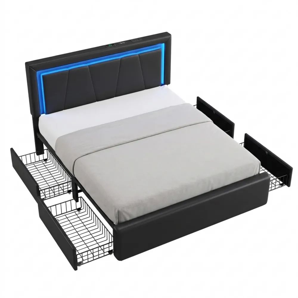 Modernes Polsterbett mit Stauraum und LED-Beleuchtung, 140x200 cm, Verstellbares Kopfteil