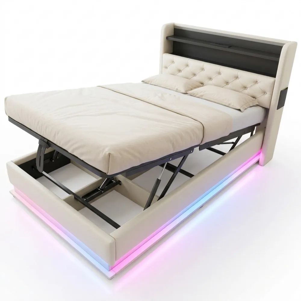 Polsterbett 90x200 mit LED & Stauraum