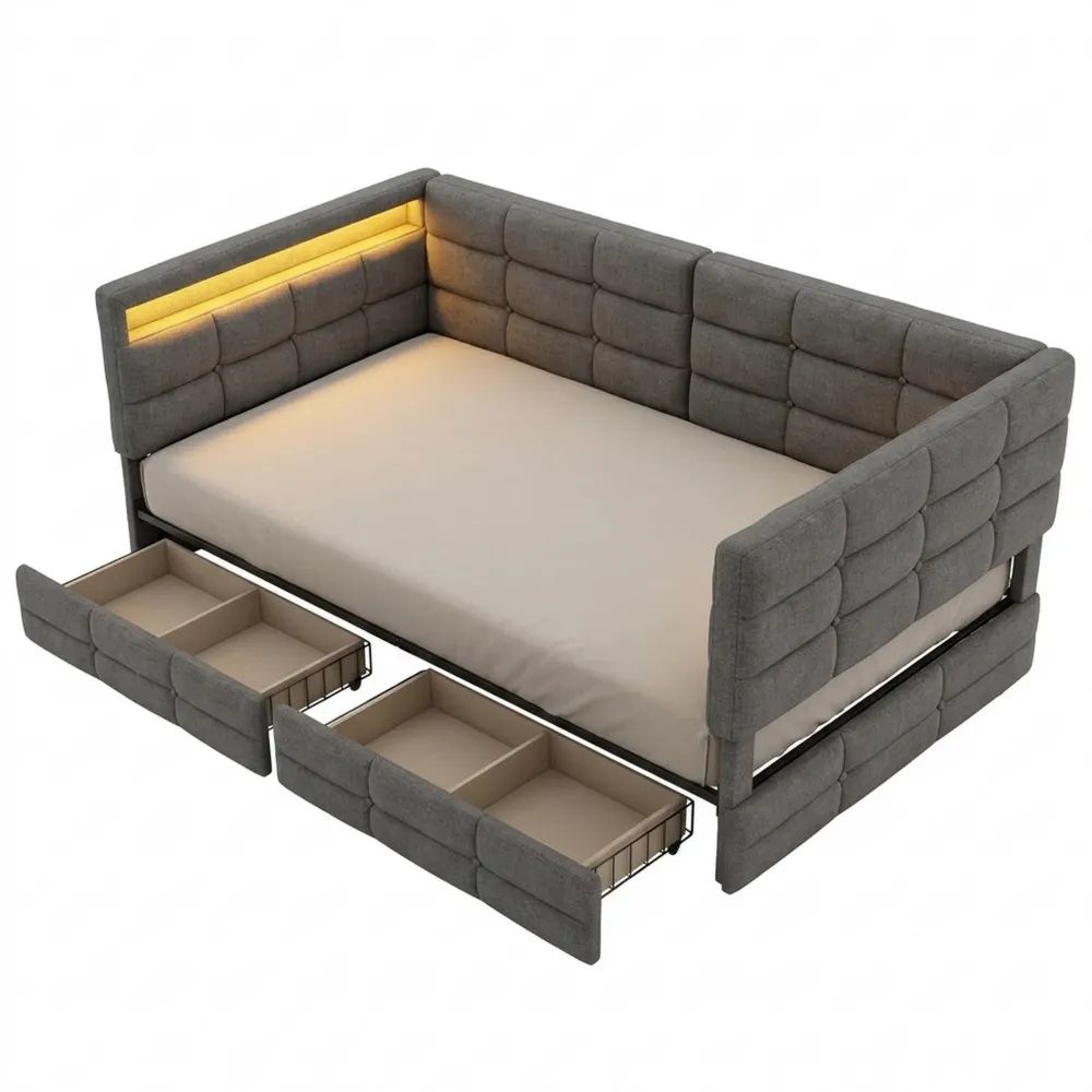 Multifunktionales Schlafsofa 90x200 cm mit LED und Stauraum, graues Kinderbett