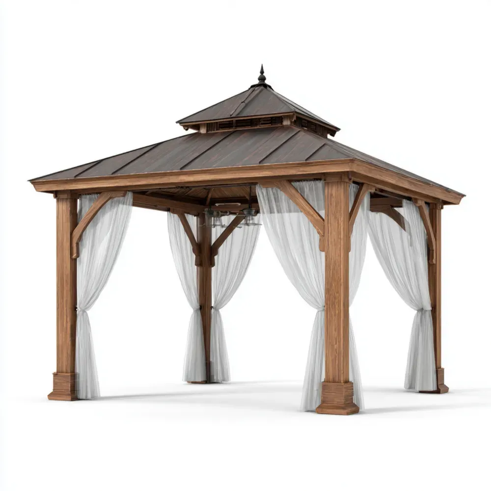 Holz Pavillon 300x400x280 cm mit Leinen Vorhängen