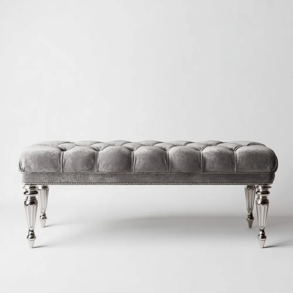 Bank mit Samtbezug und Metallbeinen, Grau