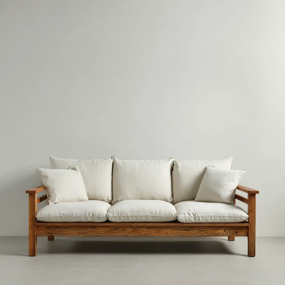 Holzsofa mit Baumwoll- und Leinenpolsterung – 210x80x75 cm – Natur/Weiß