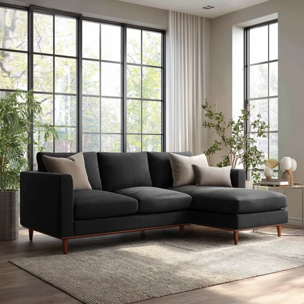 Ecksofa mit Eichenrahmen und Polyesterbezug Dunkelgrau