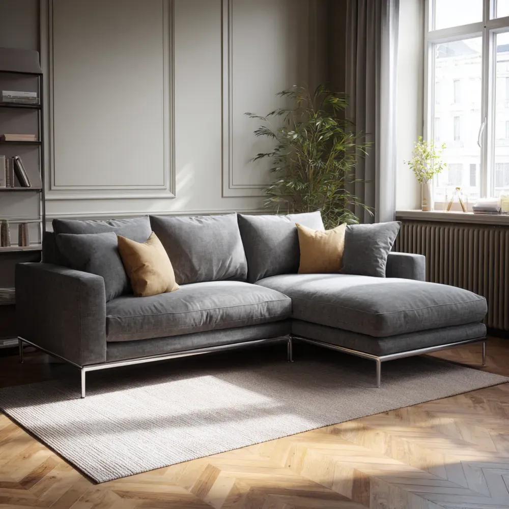 Ecksofa Stoff Dunkelgrau mit Edelstahlrahmen