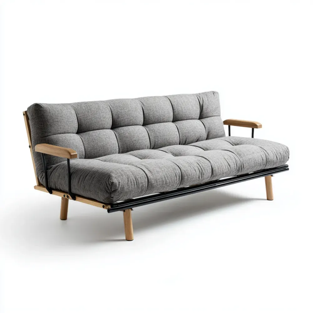 Schlafsofa aus Holz und grauem Stoff