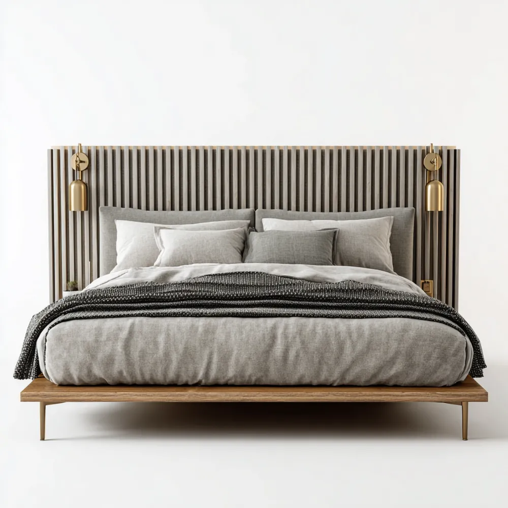 Holzbett mit Polsterkopfteil - Hellgrau