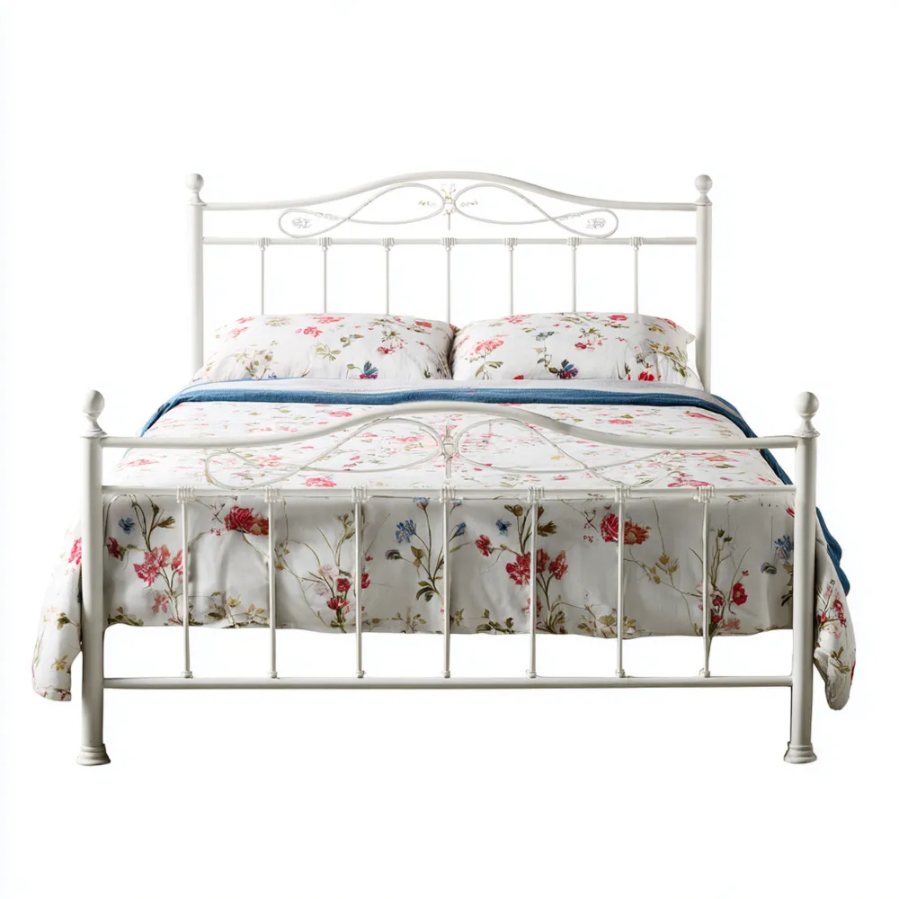 Metallbett 140x200 cm - Weiß mit Blumenmuster