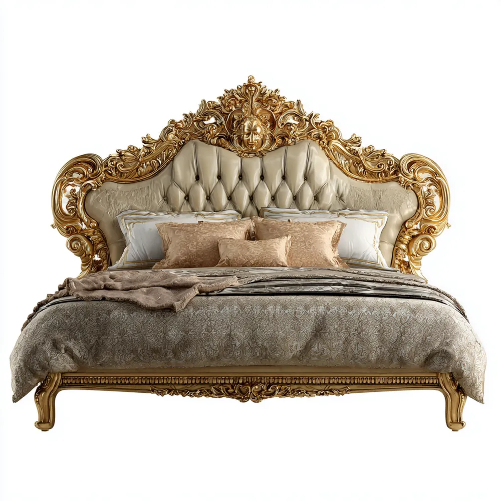 King Size Bett aus Massivholz mit Gold & Beige Polsterung