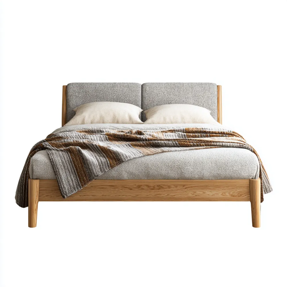 Holzbett 200x180x100 cm mit Stoffkopfteil – Hellgrau