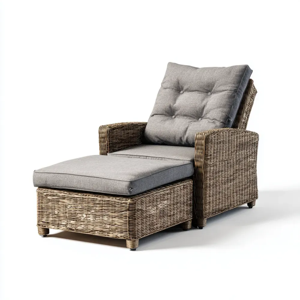 Polyrattan Sessel mit Hocker und Polster, Grau