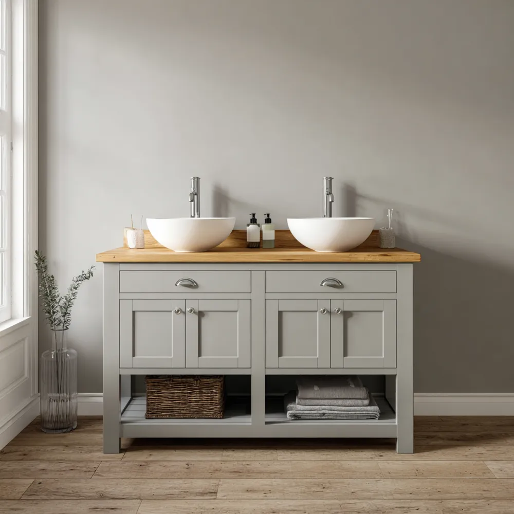 Doppelwaschtisch mit Keramikbecken und Eichenholzoberfläche - Hellgrau