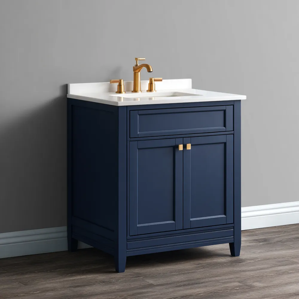 Marineblauer Badezimmerschrank aus Holz mit Keramikwaschbecken