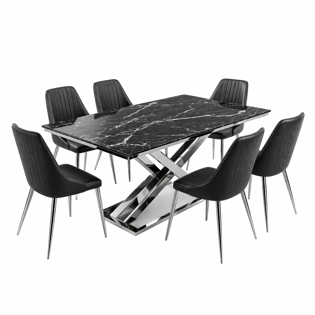 Conjunto de mesa y sillas de mármol negro con 6 sillas de piel sintética y metal-Roomarae