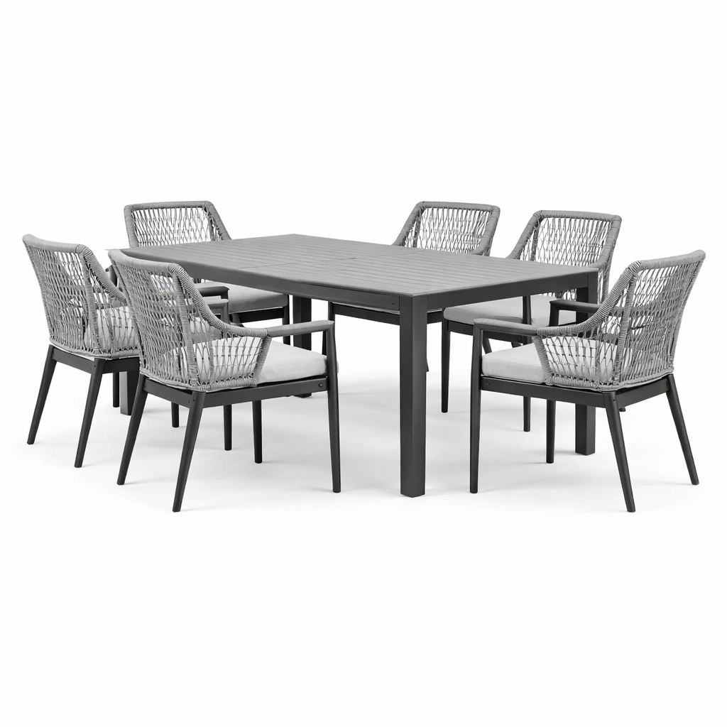 Conjunto de mesa y sillas de comedor exterior de aluminio y cuerda gris 180cm-Roomarae
