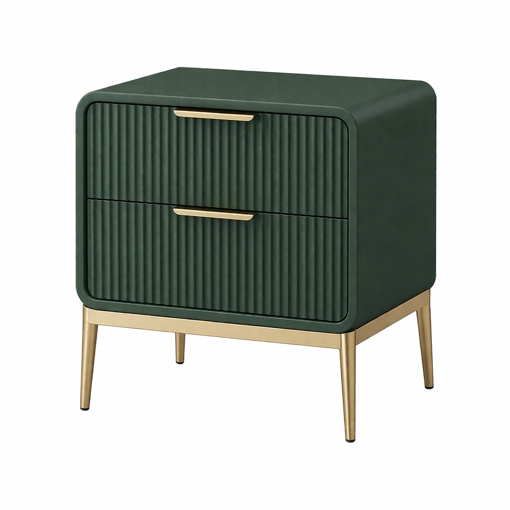 Mesita de noche de MDF verde oscuro con patas de metal-Roomarae