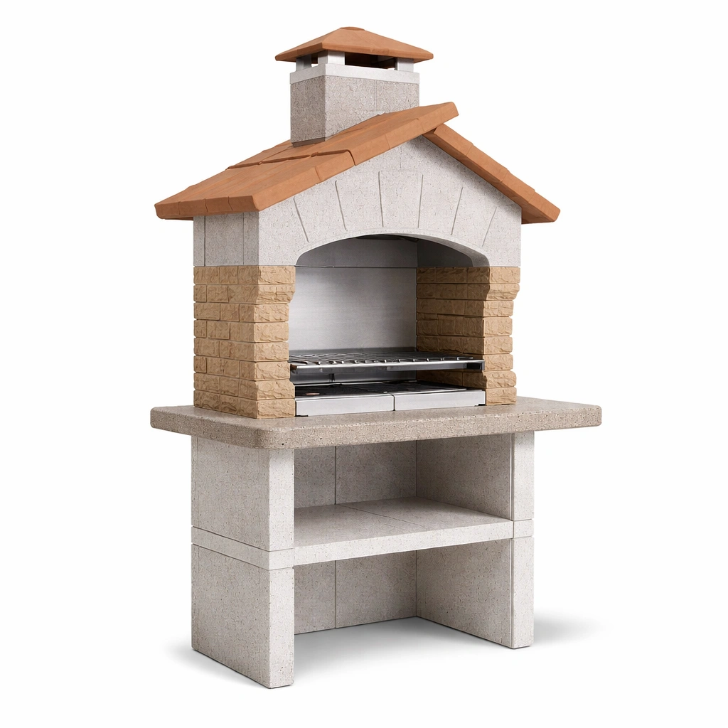 Barbacoa de hormigón y ladrillo con chimenea y estante-Roomarae