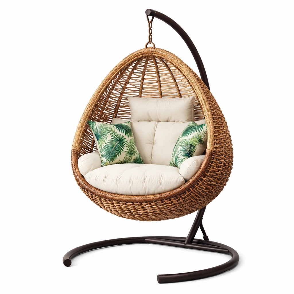 Silla colgante de ratán sintético con cojines de algodón y soporte de acero-Roomarae