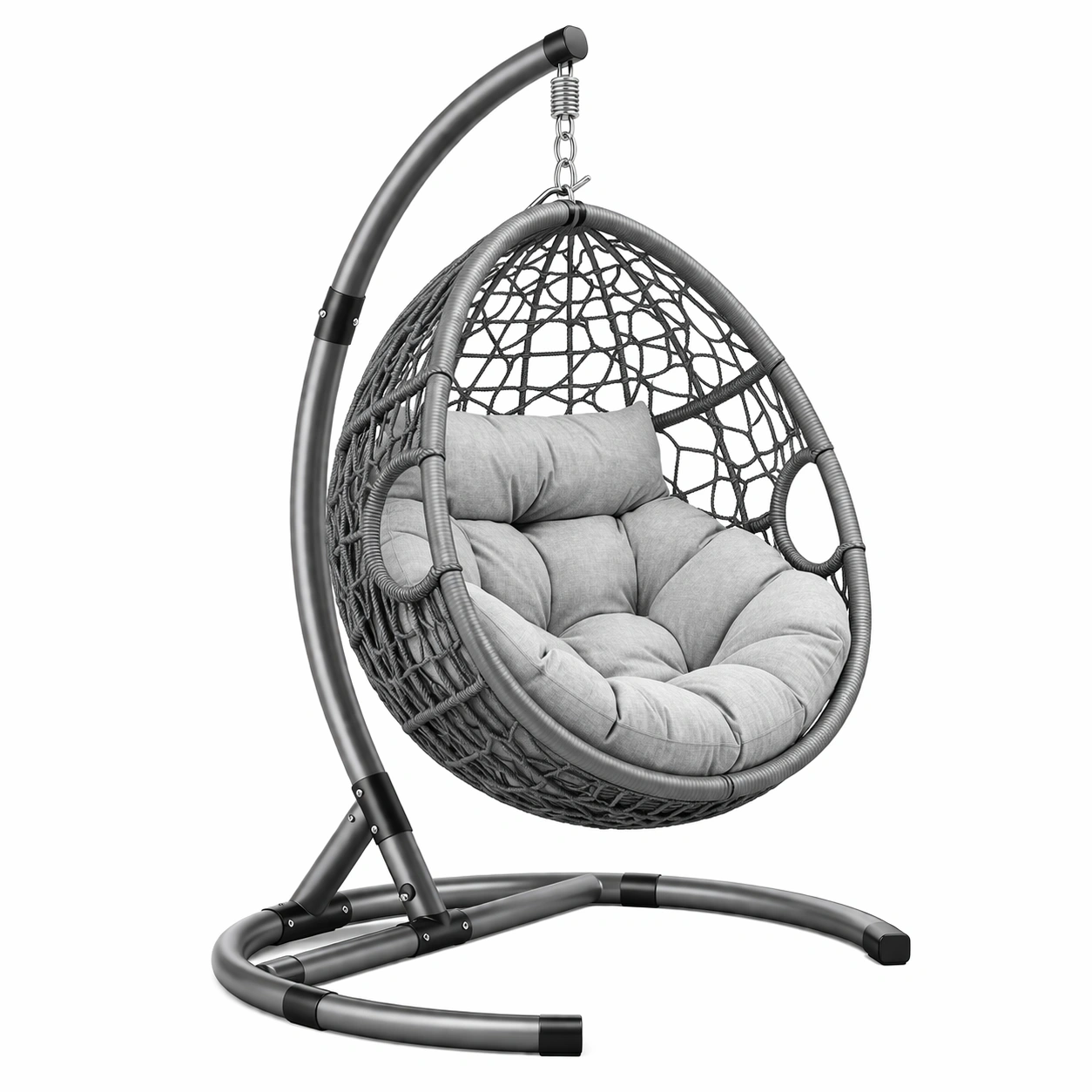 Silla colgante de ratán sintético con estructura de acero y cojines grises-Roomarae