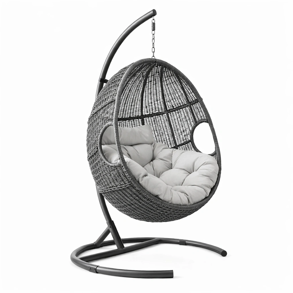 Silla colgante de ratán sintético gris con cojín de poliéster-Roomarae
