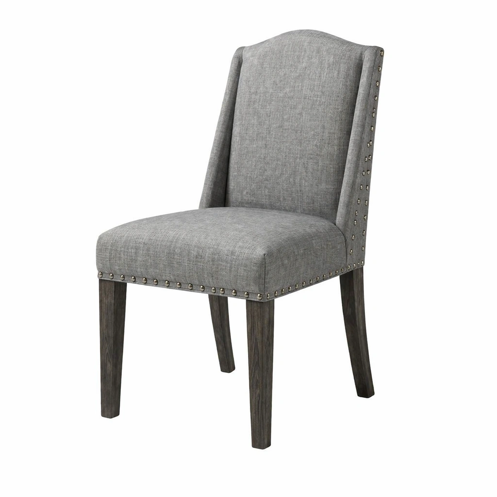Silla de comedor de tela y madera con remaches metálicos gris-Roomarae