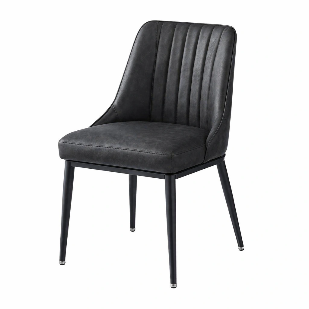 Silla de comedor de cuero PU negro con patas metálicas-Roomarae