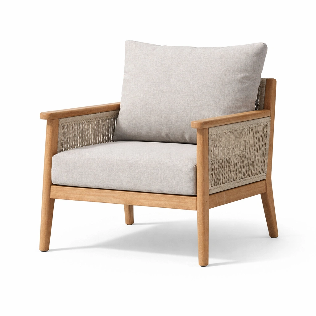 Sillón de madera con cojines de algodón beige-Roomarae