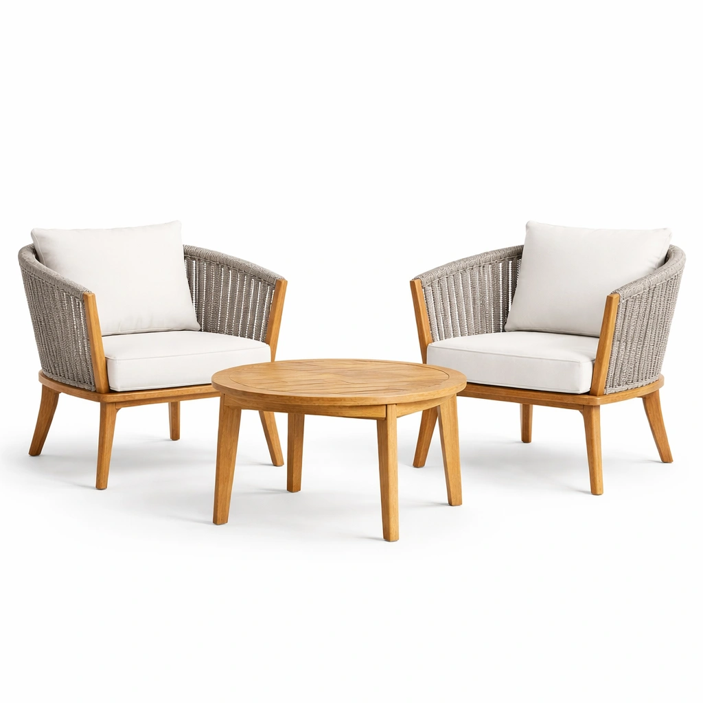 Conjunto de jardín compacto con sillones y mesa redonda de teca y ratán-Furncorner