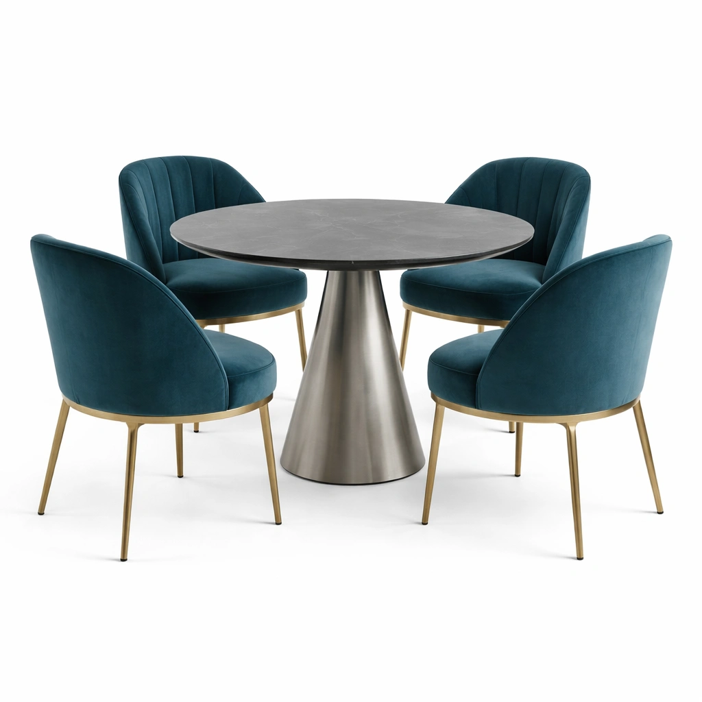 Conjunto de mesa y sillas con mesa de mármol y sillas de terciopelo azul oscuro-Furncorner