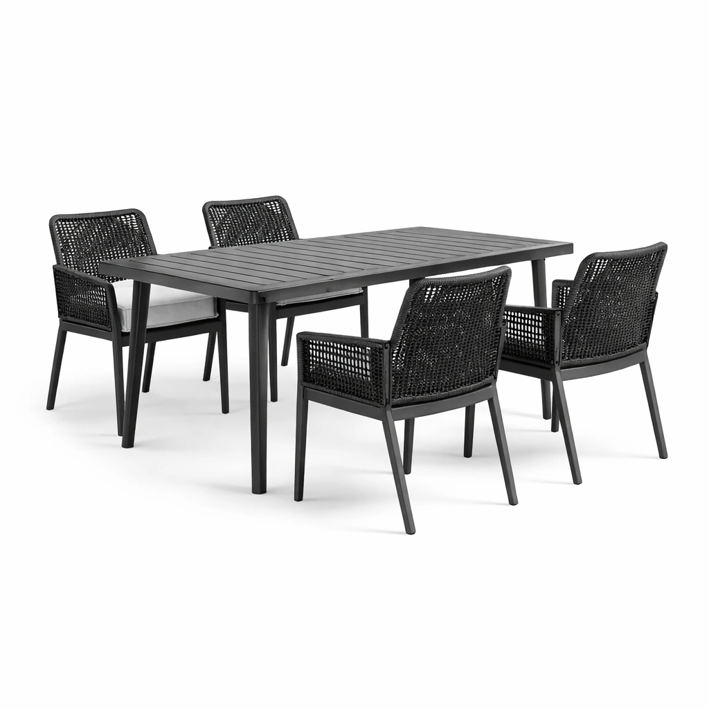 Conjunto de mesa y sillas de comedor exterior de aluminio y ratán sintético negro-Furncorner