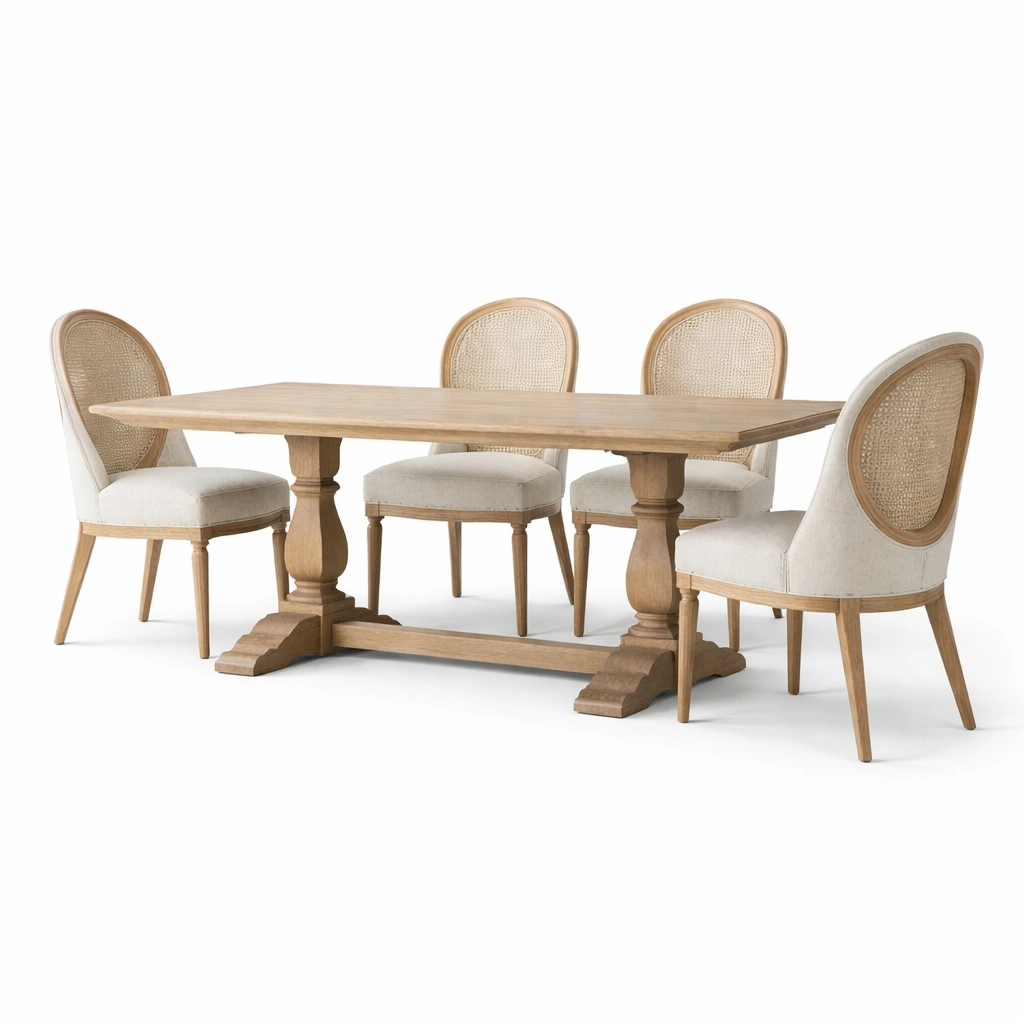 Conjunto de mesa y sillas de madera con mesa rectangular y sillas de ratán-Furncorner