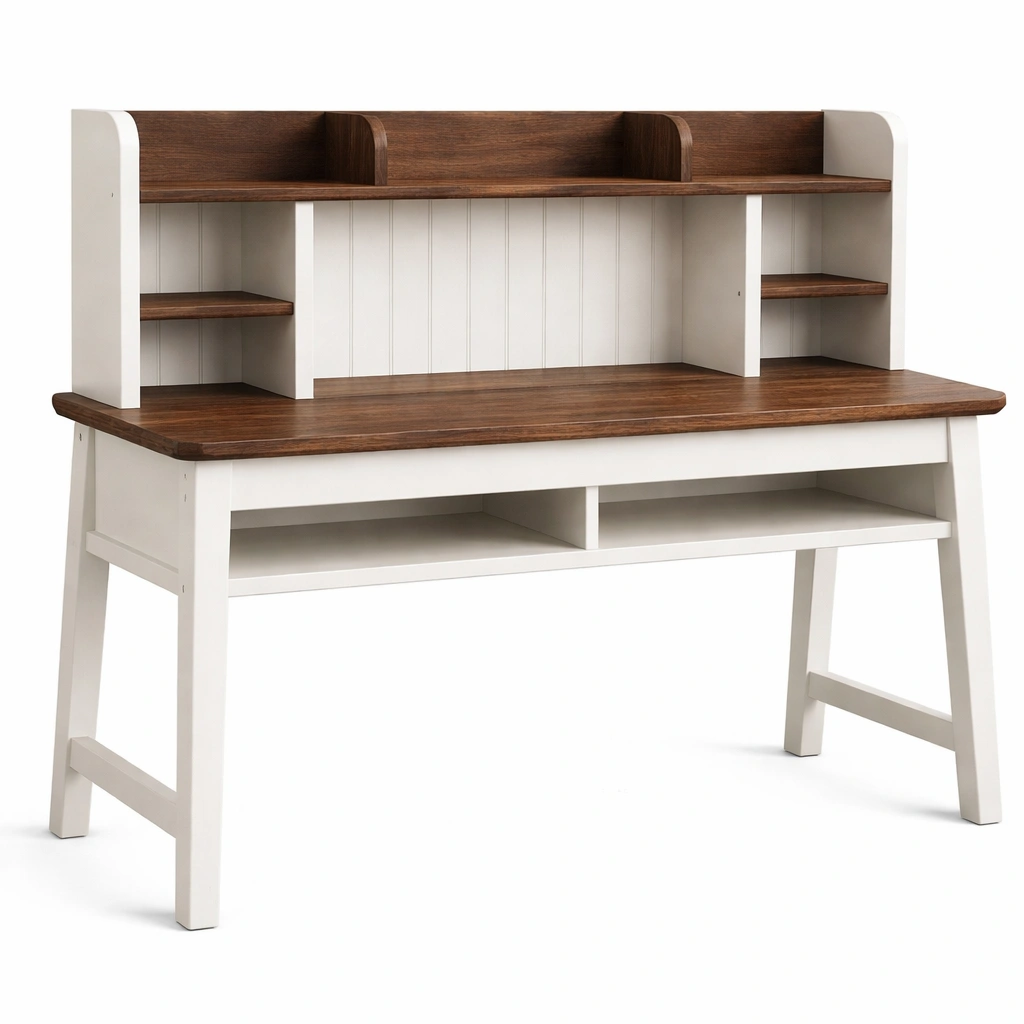 Escritorio de madera de caucho con MDF blanco y marrón 140cm x 60cm x 120cm-Furncorner