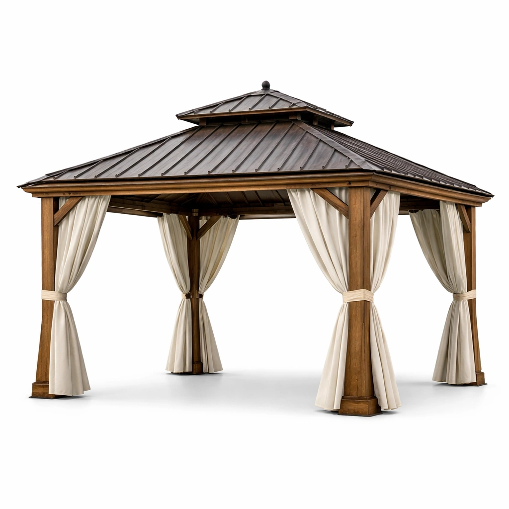 Gazebo de jardín con estructura de madera y techo metálico-Furncorner
