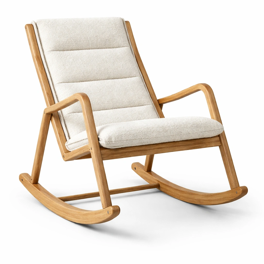 Mecedora de madera de roble y tela beige-Furncorner