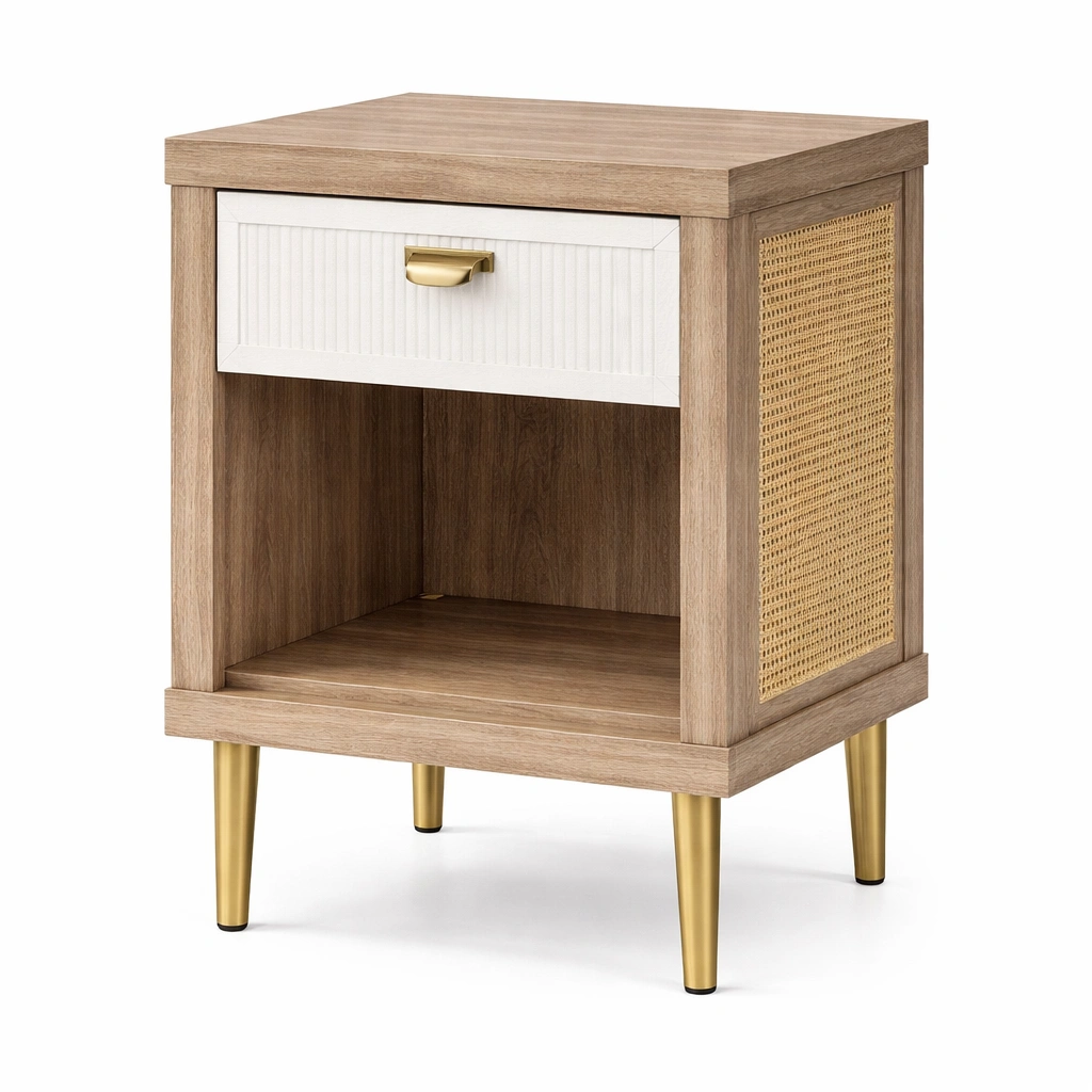 Mesita de noche de madera y MDF con patas de metal-Furncorner